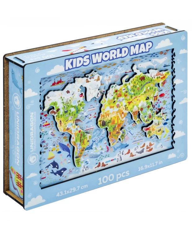фото Деревянный пазл детская карта мира 100 деталей unidragon
