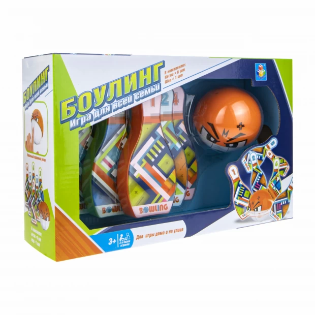 1toy боулинг  (плоские кегли 6 шт., шар с направляющим колесиком, 14 см)