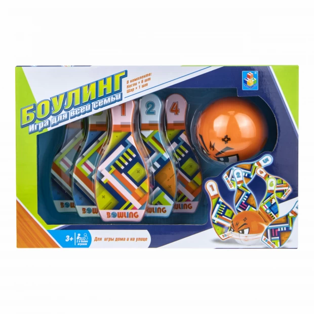 1toy боулинг  (плоские кегли 6 шт., шар с направляющим колесиком, 14 см)