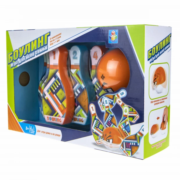 1toy боулинг  (плоские кегли 6 шт., шар с направляющим колесиком, 14 см)