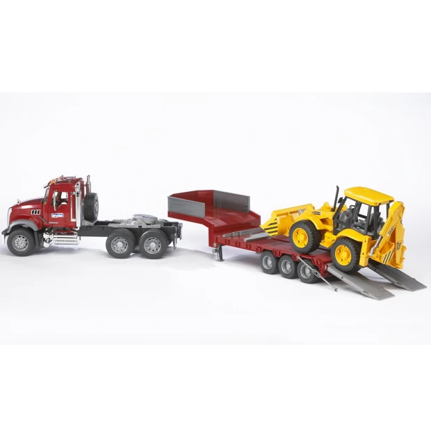 Bruder Тягач с прицепом–платформой MACK с колёсным экскаватором–погрузчиком JCB 4CX