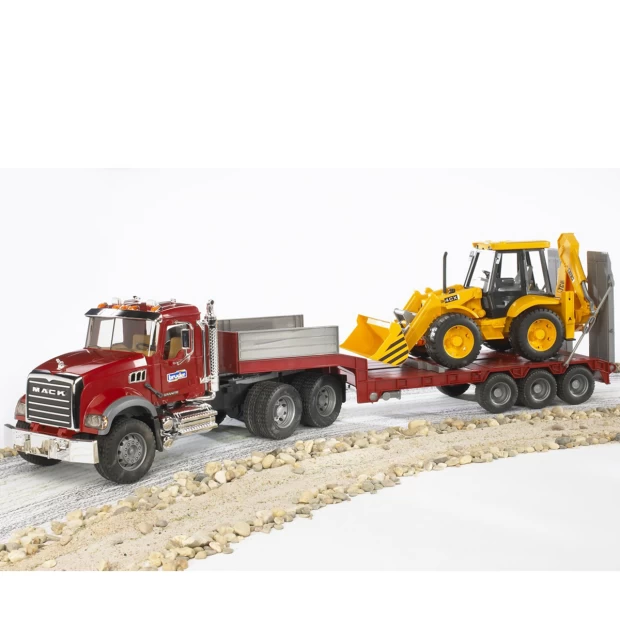 Bruder Тягач с прицепом–платформой MACK с колёсным экскаватором–погрузчиком JCB 4CX