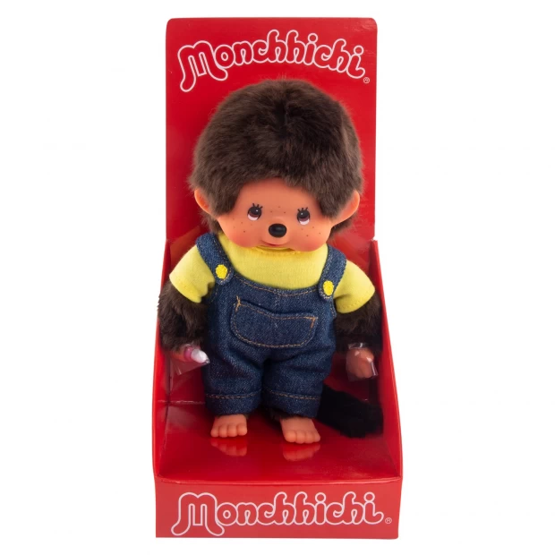 фото Мончичи 20 см мальчик в комбинезоне и желтой футболке monchhichi