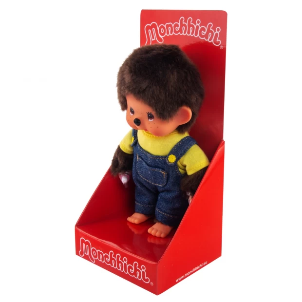 фото Мончичи 20 см мальчик в комбинезоне и желтой футболке monchhichi