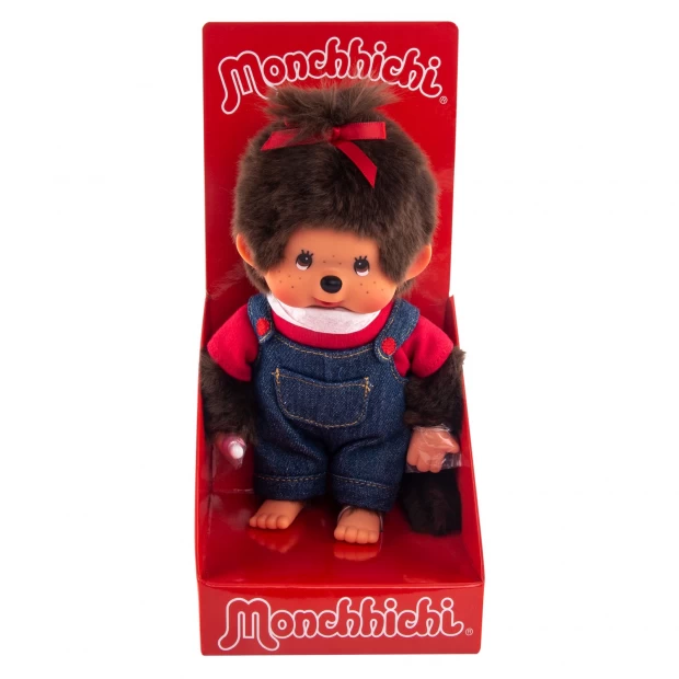 фото Мончичи 20 см девочка в комбинезоне и красной футболке monchhichi