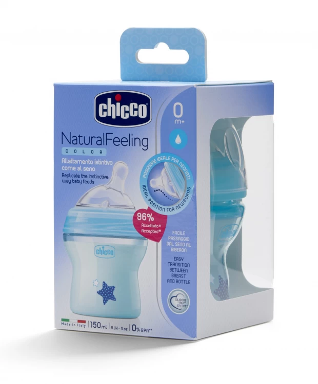 Chicco Natural Feeling Бутылочка для кормления, 150 мл, цвет голубой