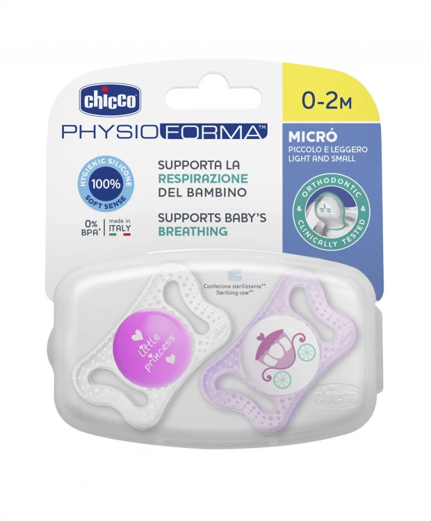 Chicco MICRO Пустышка силиконовая для принцессы, 0-2 мес., 2 шт