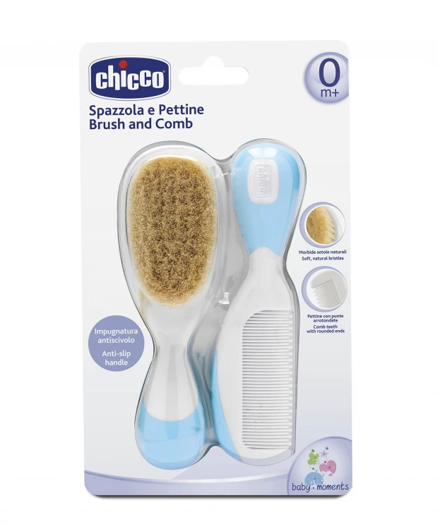 Chicco Набор детская расческа и щётка с натуральными щетинками, цвет голубой