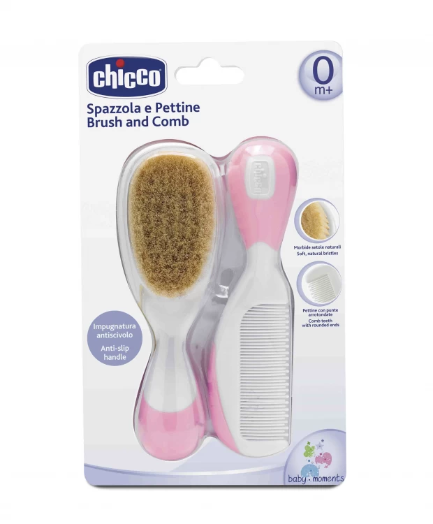 Chicco Набор детская расческа и щётка с натуральными щетинками, цвет розовый