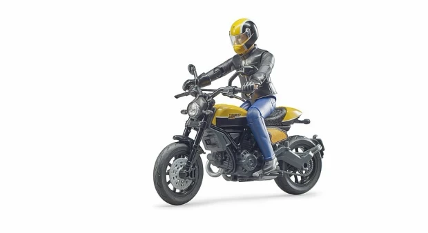 Мотоцикл жёлтый Scrambler Ducati с мотоциклистом bruder scrambler ducati desert sled с водителем
