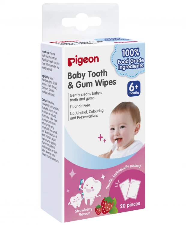фото Pigeon салфетки для чистки молочных зубов с ароматом клубники pigeon baby tooth & gum wipes strawberry, 20 шт