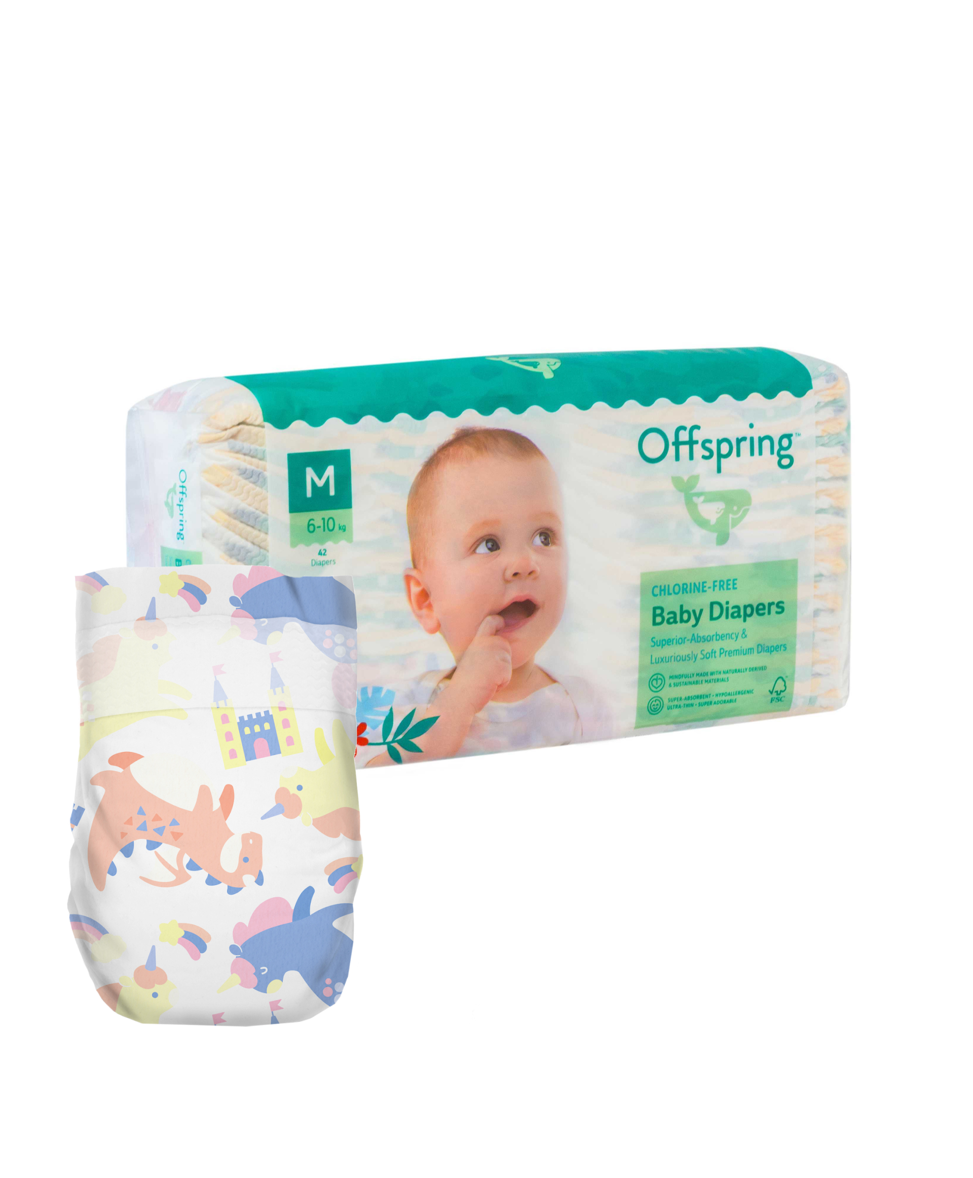 

Offspring подгузники, M 6-10 кг. 42 шт. Расцветка Единороги, OF01M42FRT