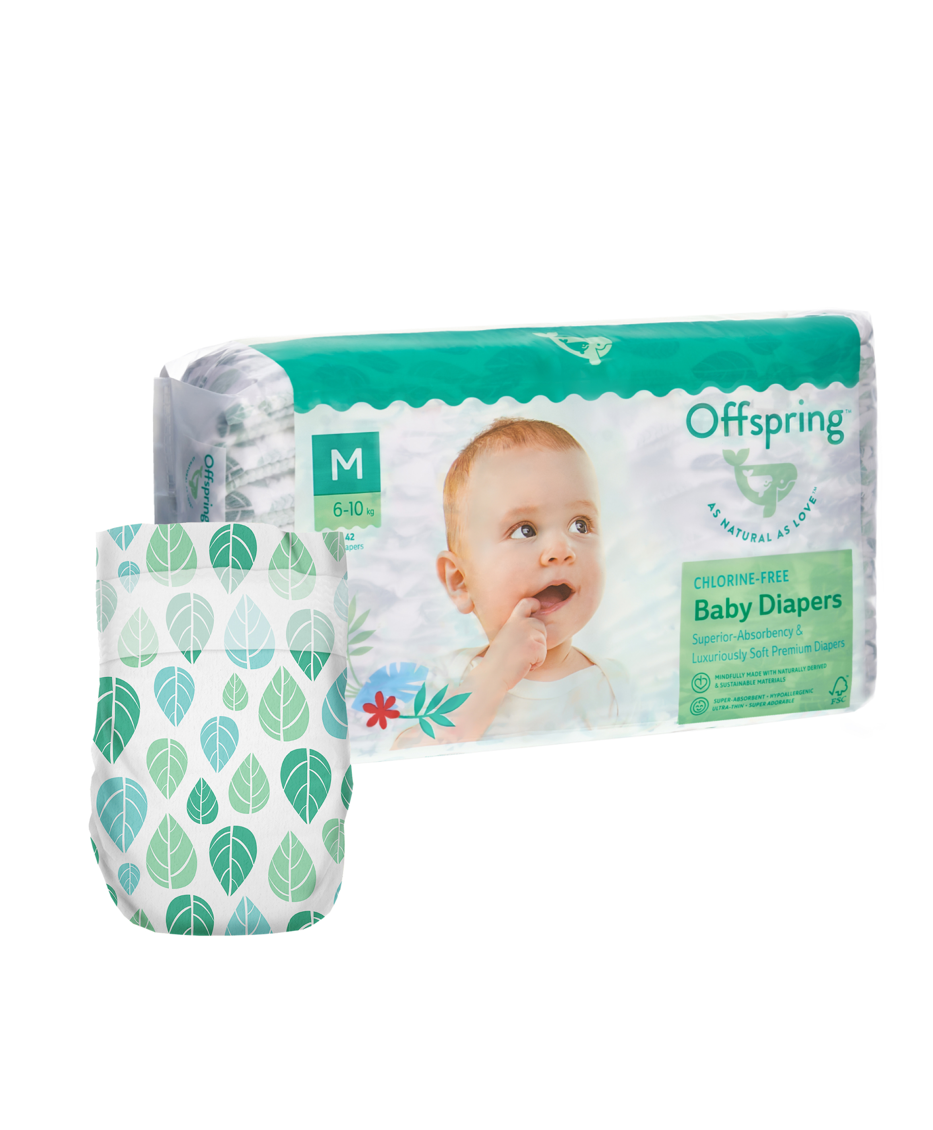 

Offspring подгузники, M 6-10 кг. 42 шт. расцветка Листочки, OF01M42L